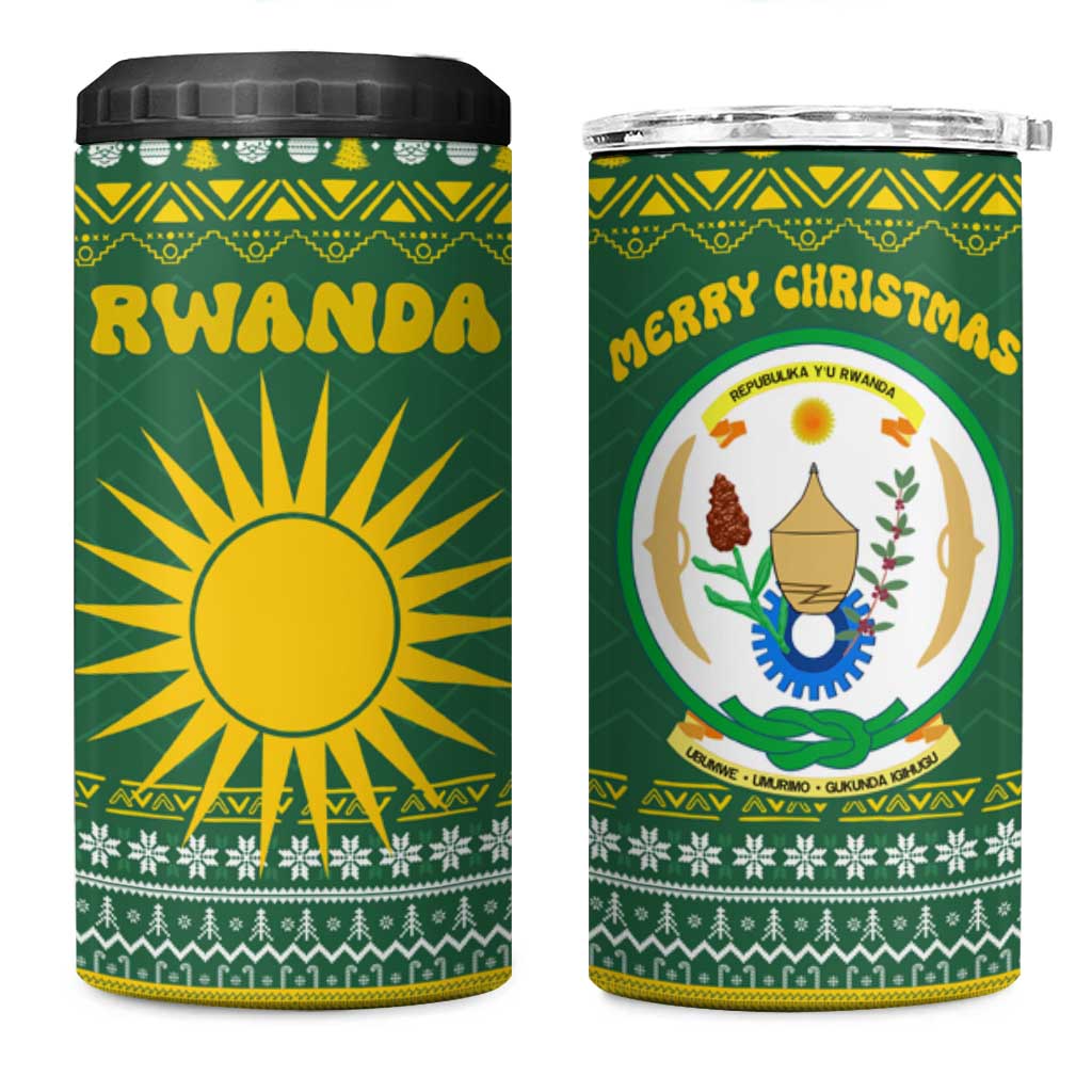 Rwanda Christmas 4 in 1 Can Cooler Tumbler with Green-Yellow Pattern, National Emblem, and Radiant Sun Motif - Wonder Print Shop