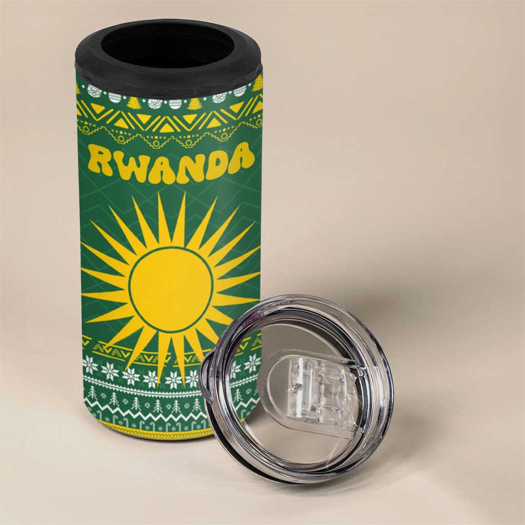 Rwanda Christmas 4 in 1 Can Cooler Tumbler with Green-Yellow Pattern, National Emblem, and Radiant Sun Motif - Wonder Print Shop