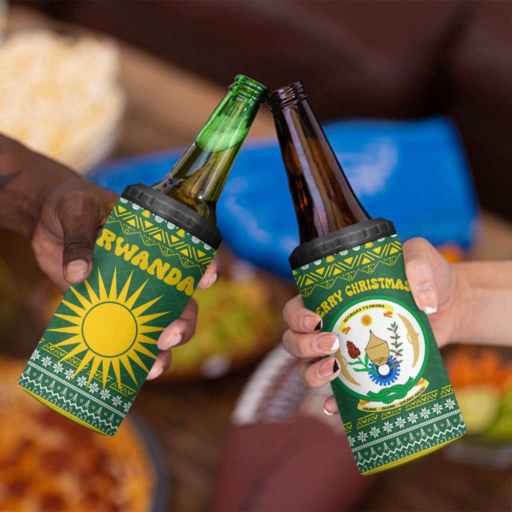 Rwanda Christmas 4 in 1 Can Cooler Tumbler with Green-Yellow Pattern, National Emblem, and Radiant Sun Motif - Wonder Print Shop