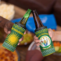 Rwanda Christmas 4 in 1 Can Cooler Tumbler with Green-Yellow Pattern, National Emblem, and Radiant Sun Motif - Wonder Print Shop