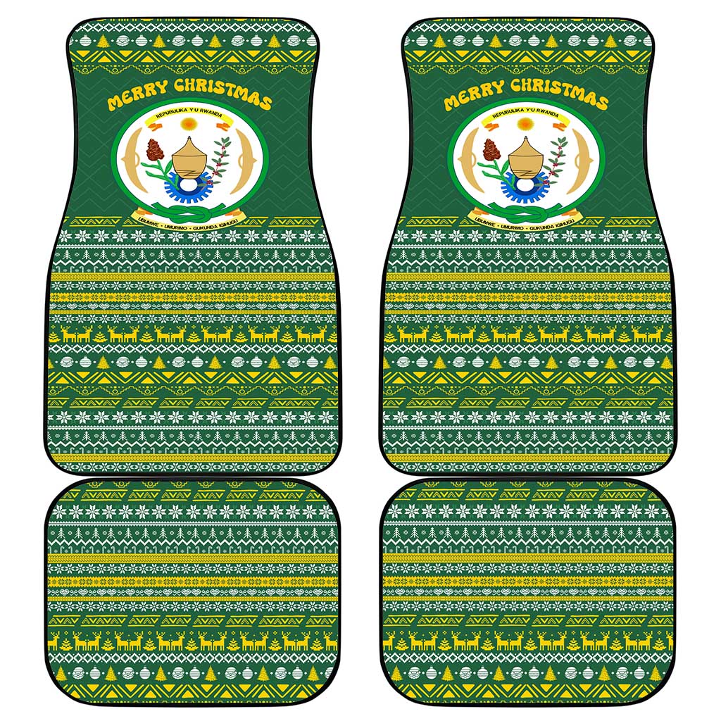 Rwanda Christmas Car Mats with Green-Yellow Pattern, National Emblem, and Radiant Sun Motif - Wonder Print Shop