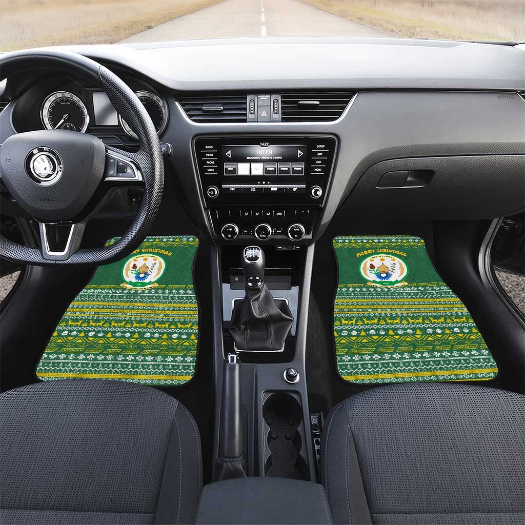 Rwanda Christmas Car Mats with Green-Yellow Pattern, National Emblem, and Radiant Sun Motif - Wonder Print Shop