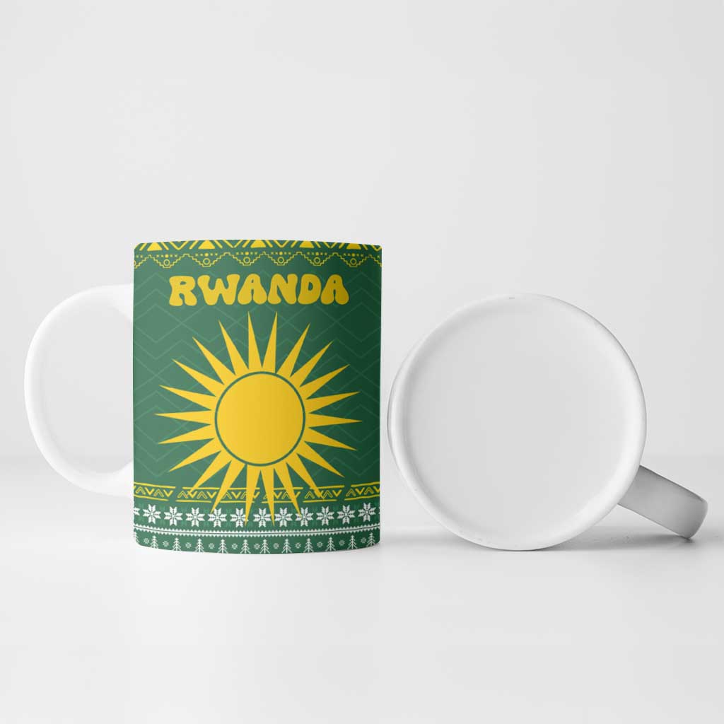 Rwanda Christmas Ceramic Mug with Green-Yellow Pattern, National Emblem, and Radiant Sun Motif - Wonder Print Shop