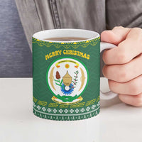 Rwanda Christmas Ceramic Mug with Green-Yellow Pattern, National Emblem, and Radiant Sun Motif - Wonder Print Shop
