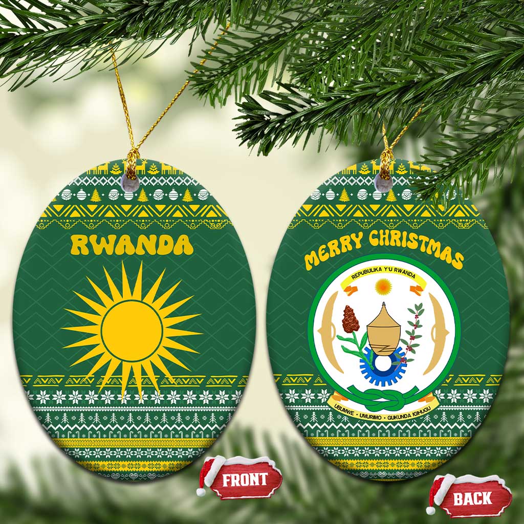 Rwanda Christmas Ceramic Ornament with Green-Yellow Pattern, National Emblem, and Radiant Sun Motif - Wonder Print Shop