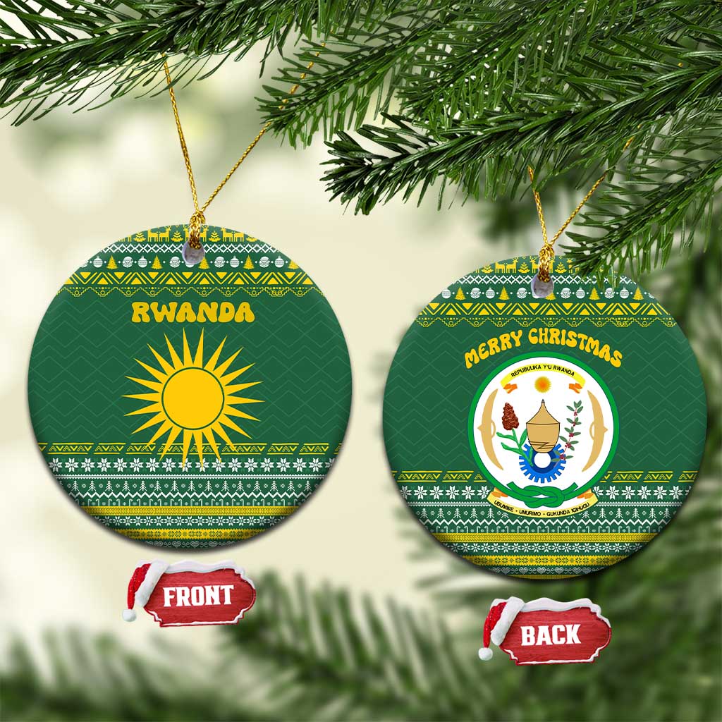 Rwanda Christmas Ceramic Ornament with Green-Yellow Pattern, National Emblem, and Radiant Sun Motif - Wonder Print Shop