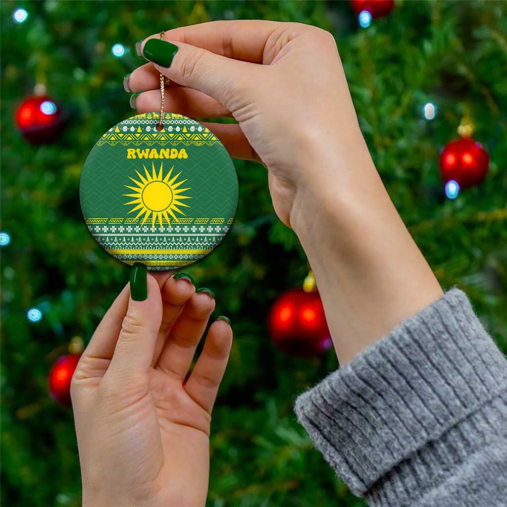 Rwanda Christmas Ceramic Ornament with Green-Yellow Pattern, National Emblem, and Radiant Sun Motif - Wonder Print Shop