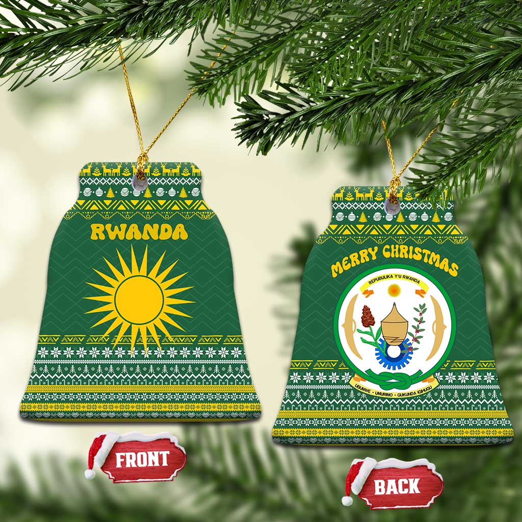 Rwanda Christmas Ceramic Ornament with Green-Yellow Pattern, National Emblem, and Radiant Sun Motif - Wonder Print Shop