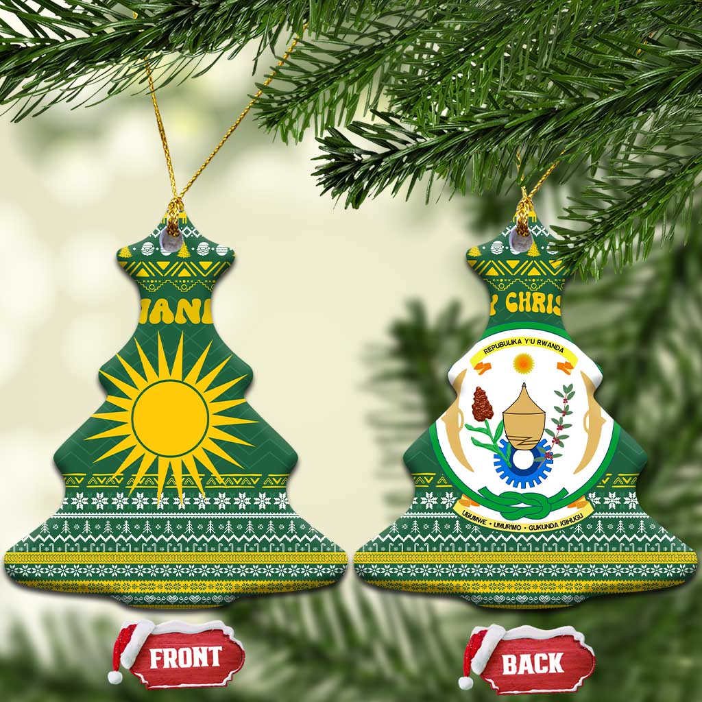Rwanda Christmas Ceramic Ornament with Green-Yellow Pattern, National Emblem, and Radiant Sun Motif - Wonder Print Shop