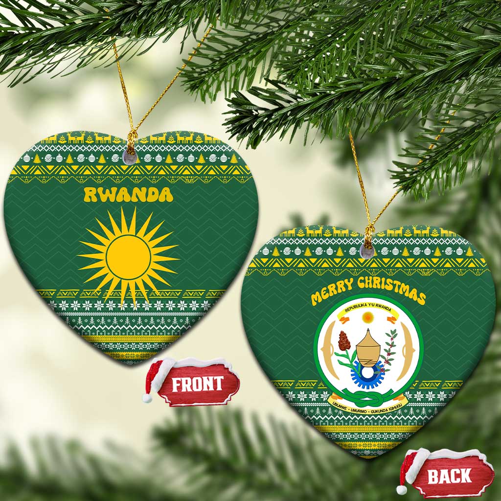Rwanda Christmas Ceramic Ornament with Green-Yellow Pattern, National Emblem, and Radiant Sun Motif - Wonder Print Shop