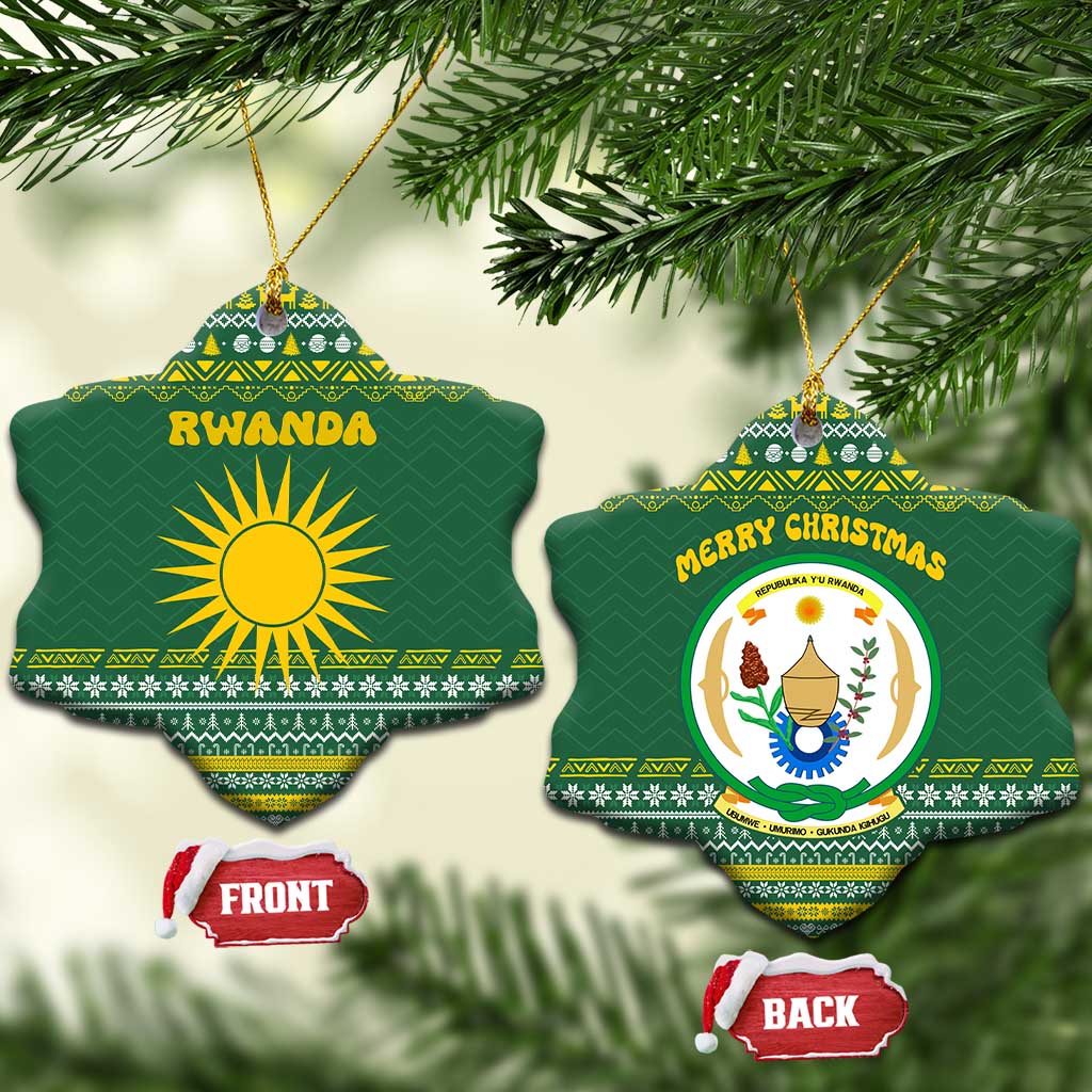 Rwanda Christmas Ceramic Ornament with Green-Yellow Pattern, National Emblem, and Radiant Sun Motif - Wonder Print Shop