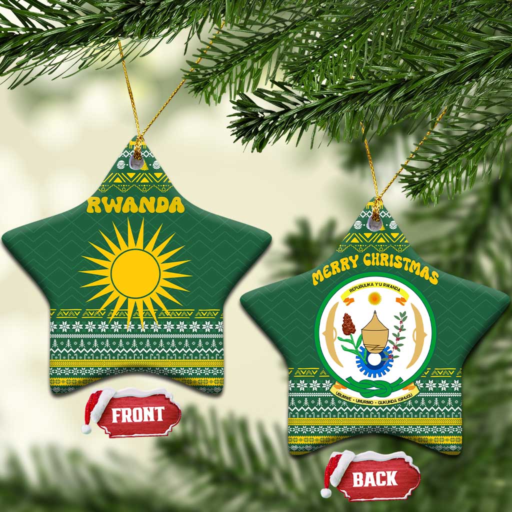 Rwanda Christmas Ceramic Ornament with Green-Yellow Pattern, National Emblem, and Radiant Sun Motif - Wonder Print Shop
