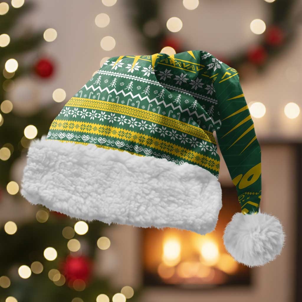 Rwanda Christmas Santa Hat with Green-Yellow Pattern, National Emblem, and Radiant Sun Motif - Wonder Print Shop