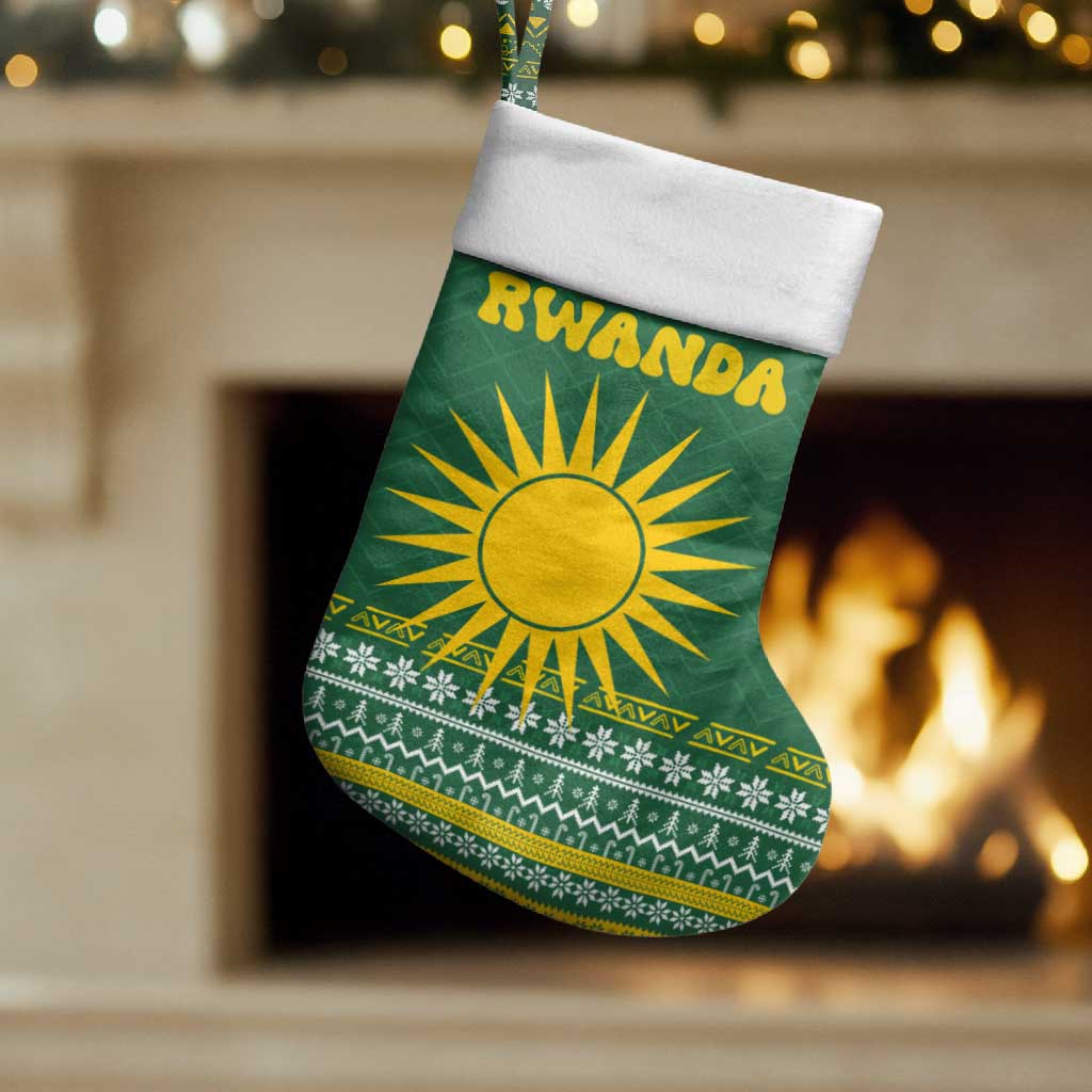 Rwanda Christmas Stocking with Green-Yellow Pattern, National Emblem, and Radiant Sun Motif - Wonder Print Shop