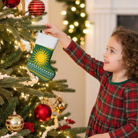 Rwanda Christmas Stocking with Green-Yellow Pattern, National Emblem, and Radiant Sun Motif - Wonder Print Shop