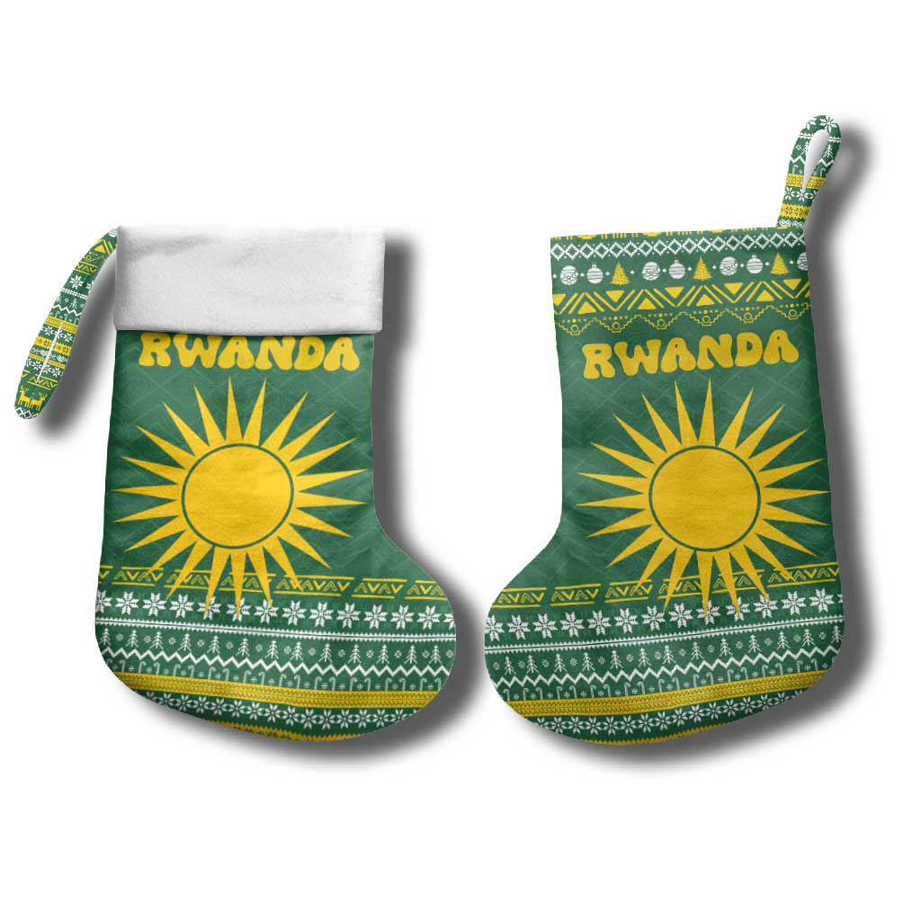 Rwanda Christmas Stocking with Green-Yellow Pattern, National Emblem, and Radiant Sun Motif - Wonder Print Shop