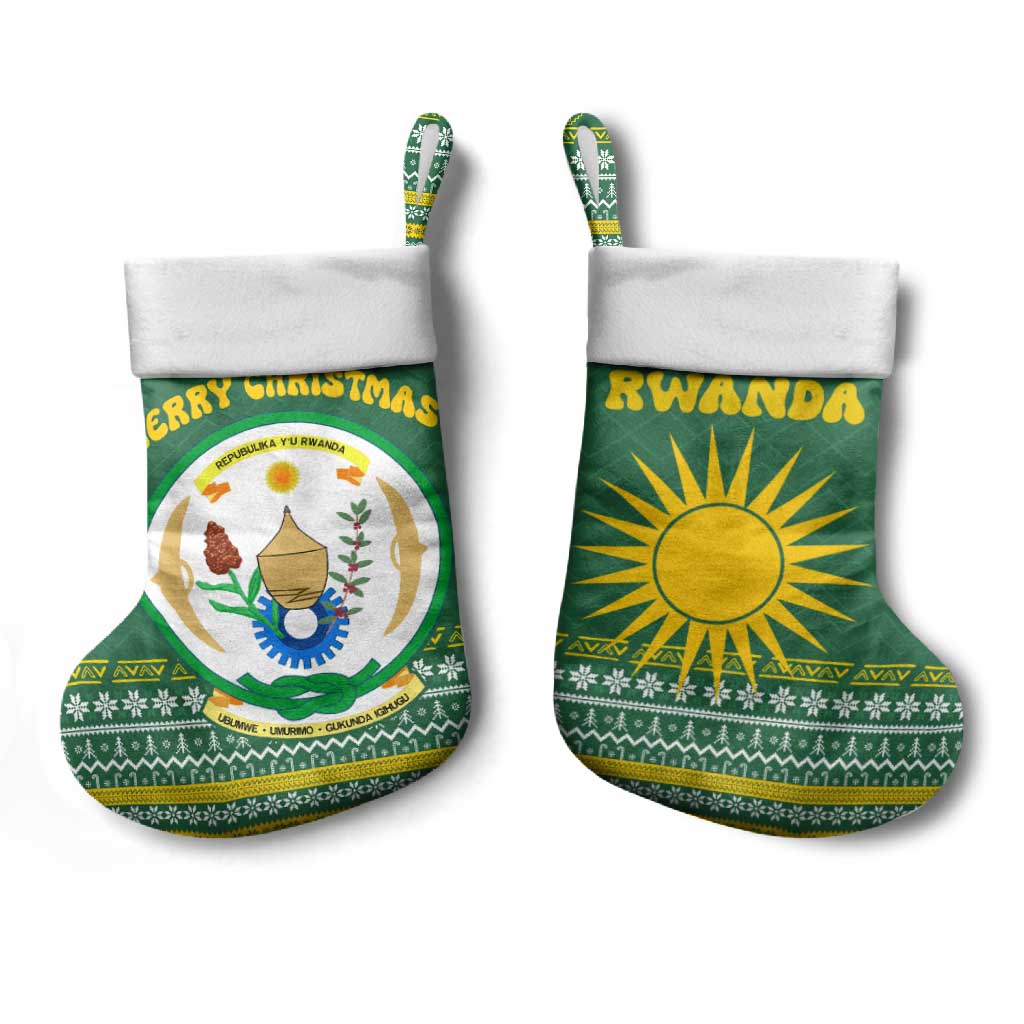 Rwanda Christmas Stocking with Green-Yellow Pattern, National Emblem, and Radiant Sun Motif - Wonder Print Shop