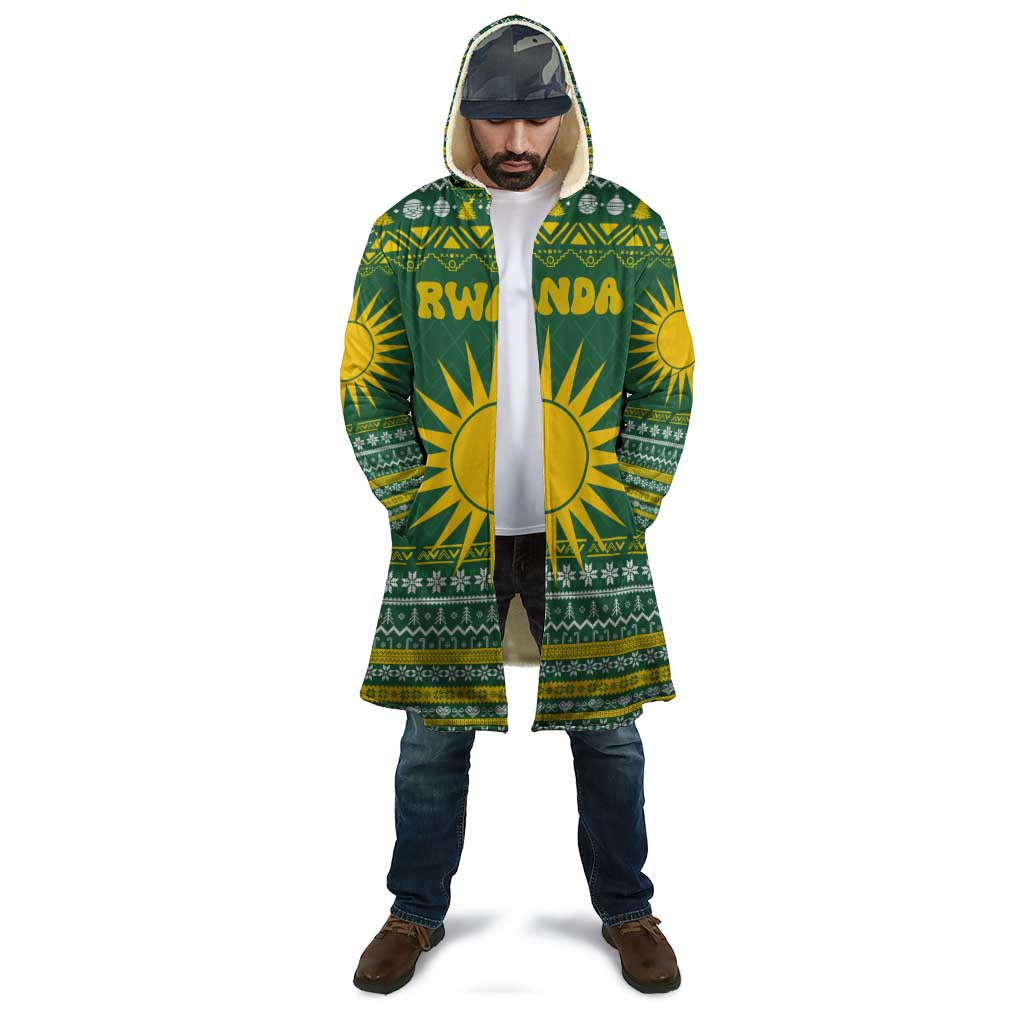 Rwanda Christmas Cloak with Green-Yellow Pattern, National Emblem, and Radiant Sun Motif - Wonder Print Shop