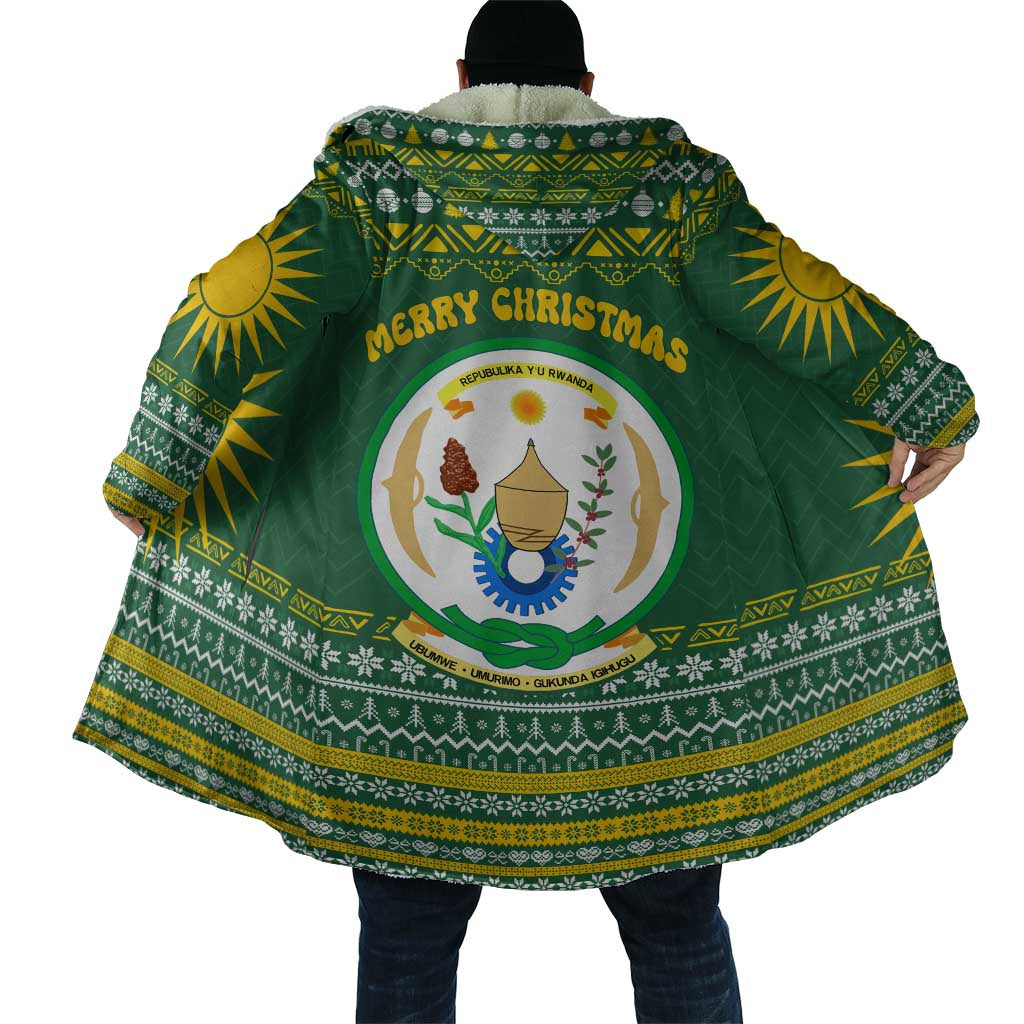 Rwanda Christmas Cloak with Green-Yellow Pattern, National Emblem, and Radiant Sun Motif - Wonder Print Shop