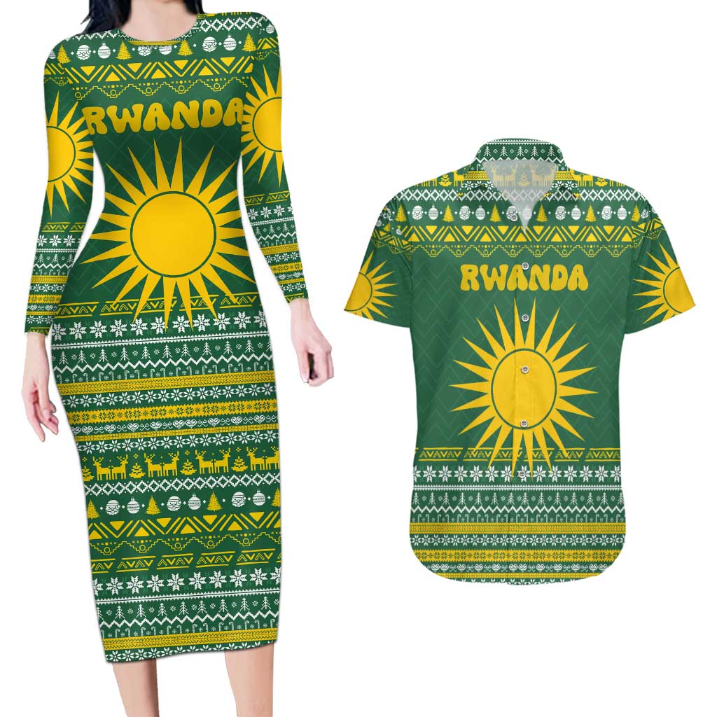Rwanda Christmas Couples Matching Long Sleeve Bodycon Dress and Hawaiian Shirt with Green-Yellow Pattern, National Emblem, and Radiant Sun Motif - Wonder Print Shop