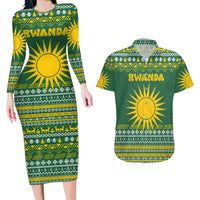 Rwanda Christmas Couples Matching Long Sleeve Bodycon Dress and Hawaiian Shirt with Green-Yellow Pattern, National Emblem, and Radiant Sun Motif - Wonder Print Shop