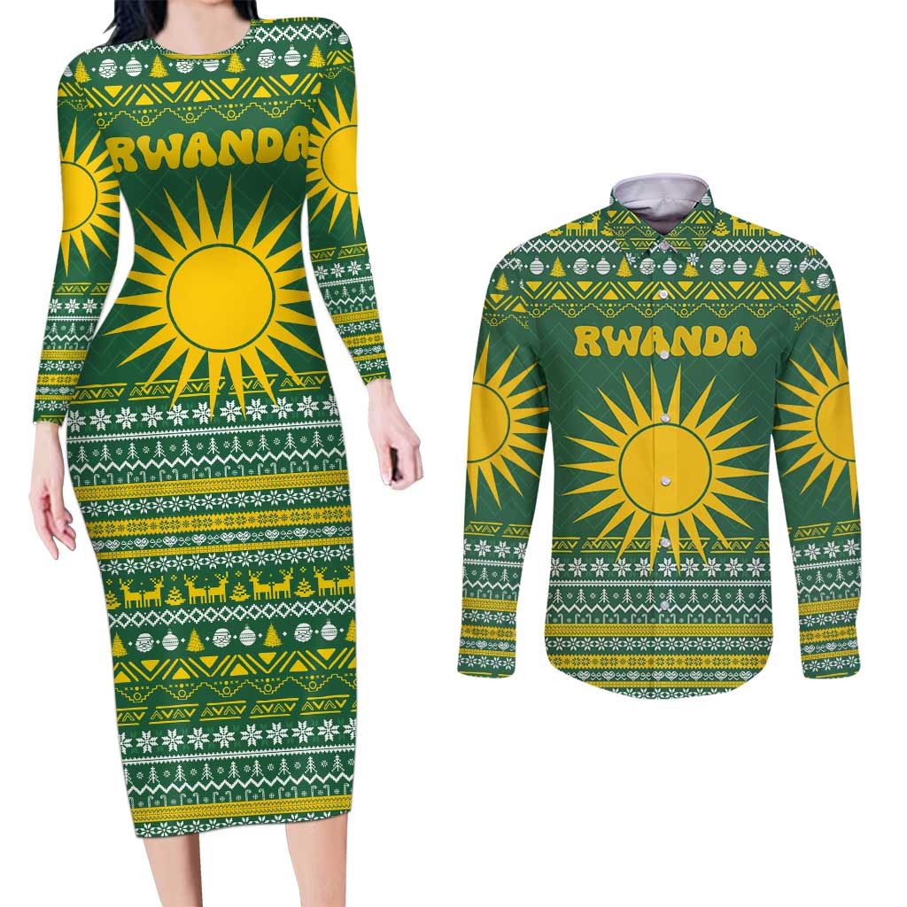 Rwanda Christmas Couples Matching Long Sleeve Bodycon Dress and Long Sleeve Button Shirt with Green-Yellow Pattern, National Emblem, and Radiant Sun Motif - Wonder Print Shop
