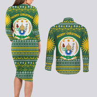 Rwanda Christmas Couples Matching Long Sleeve Bodycon Dress and Long Sleeve Button Shirt with Green-Yellow Pattern, National Emblem, and Radiant Sun Motif - Wonder Print Shop