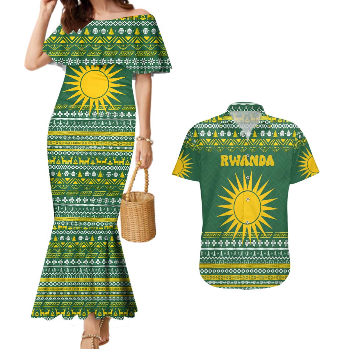Rwanda Christmas Couples Matching Mermaid Dress and Hawaiian Shirt with Green-Yellow Pattern, National Emblem, and Radiant Sun Motif - Wonder Print Shop