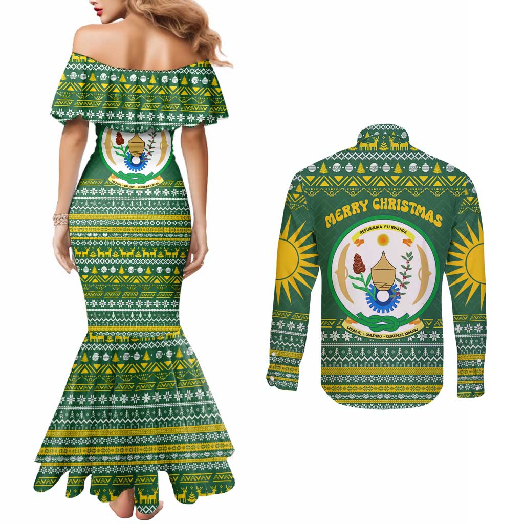 Rwanda Christmas Couples Matching Mermaid Dress and Long Sleeve Button Shirt with Green-Yellow Pattern, National Emblem, and Radiant Sun Motif - Wonder Print Shop
