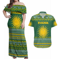 Rwanda Christmas Couples Matching Off Shoulder Maxi Dress and Hawaiian Shirt with Green-Yellow Pattern, National Emblem, and Radiant Sun Motif - Wonder Print Shop