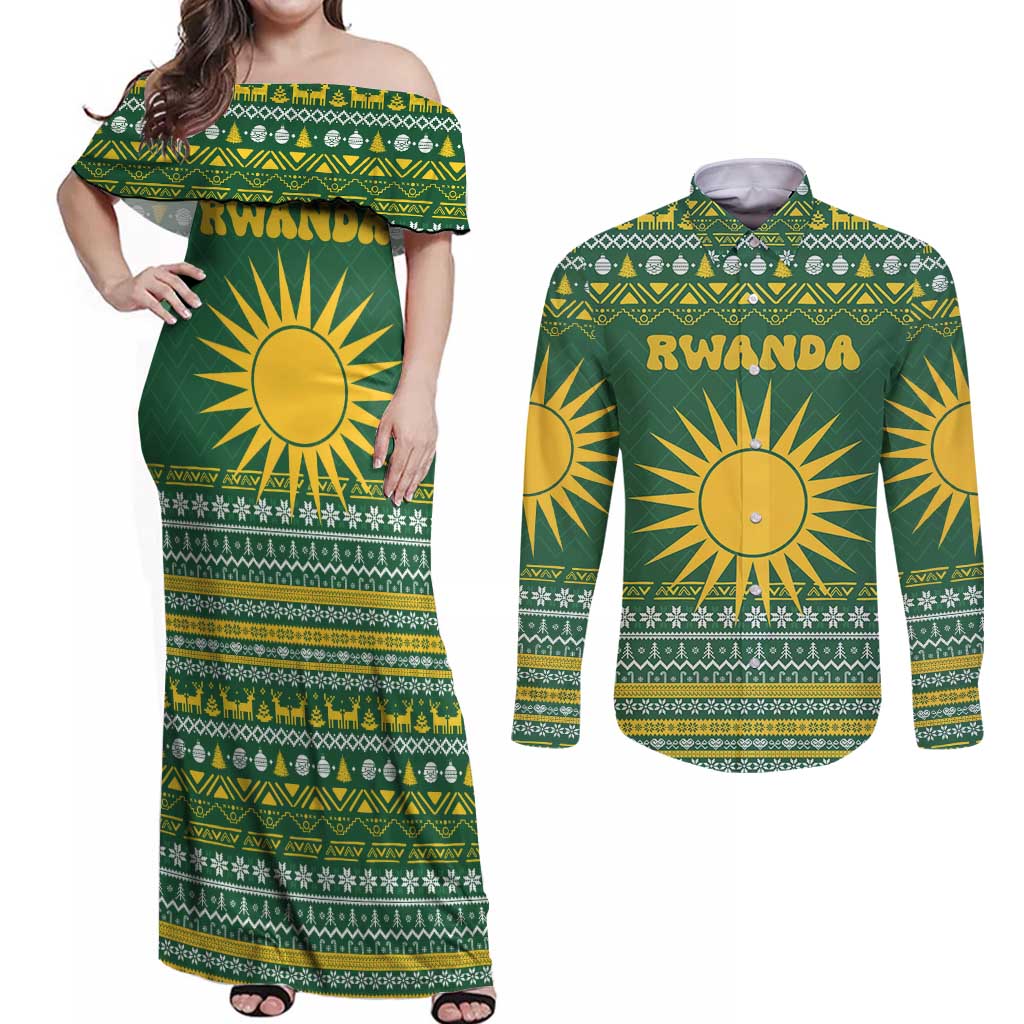Rwanda Christmas Couples Matching Off Shoulder Maxi Dress and Long Sleeve Button Shirt with Green-Yellow Pattern, National Emblem, and Radiant Sun Motif - Wonder Print Shop