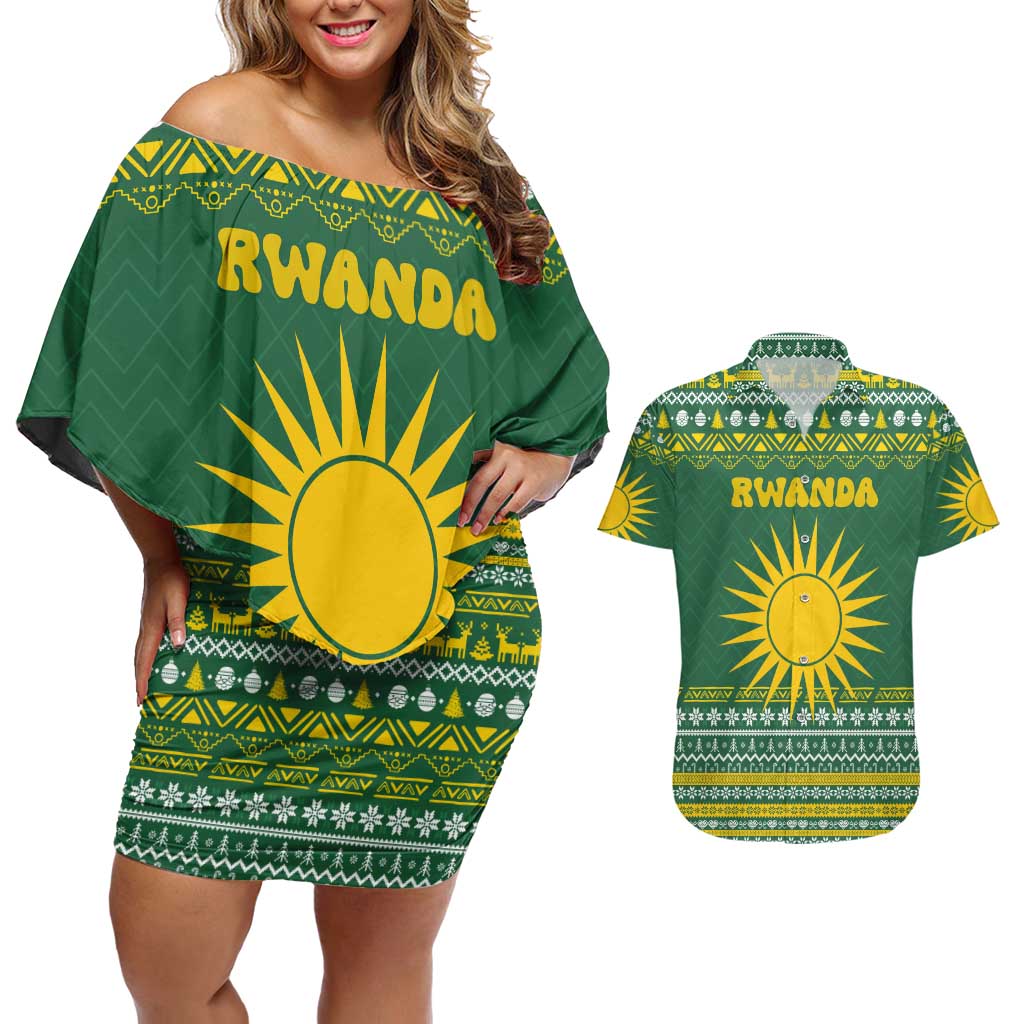 Rwanda Christmas Couples Matching Off Shoulder Short Dress and Hawaiian Shirt with Green-Yellow Pattern, National Emblem, and Radiant Sun Motif - Wonder Print Shop