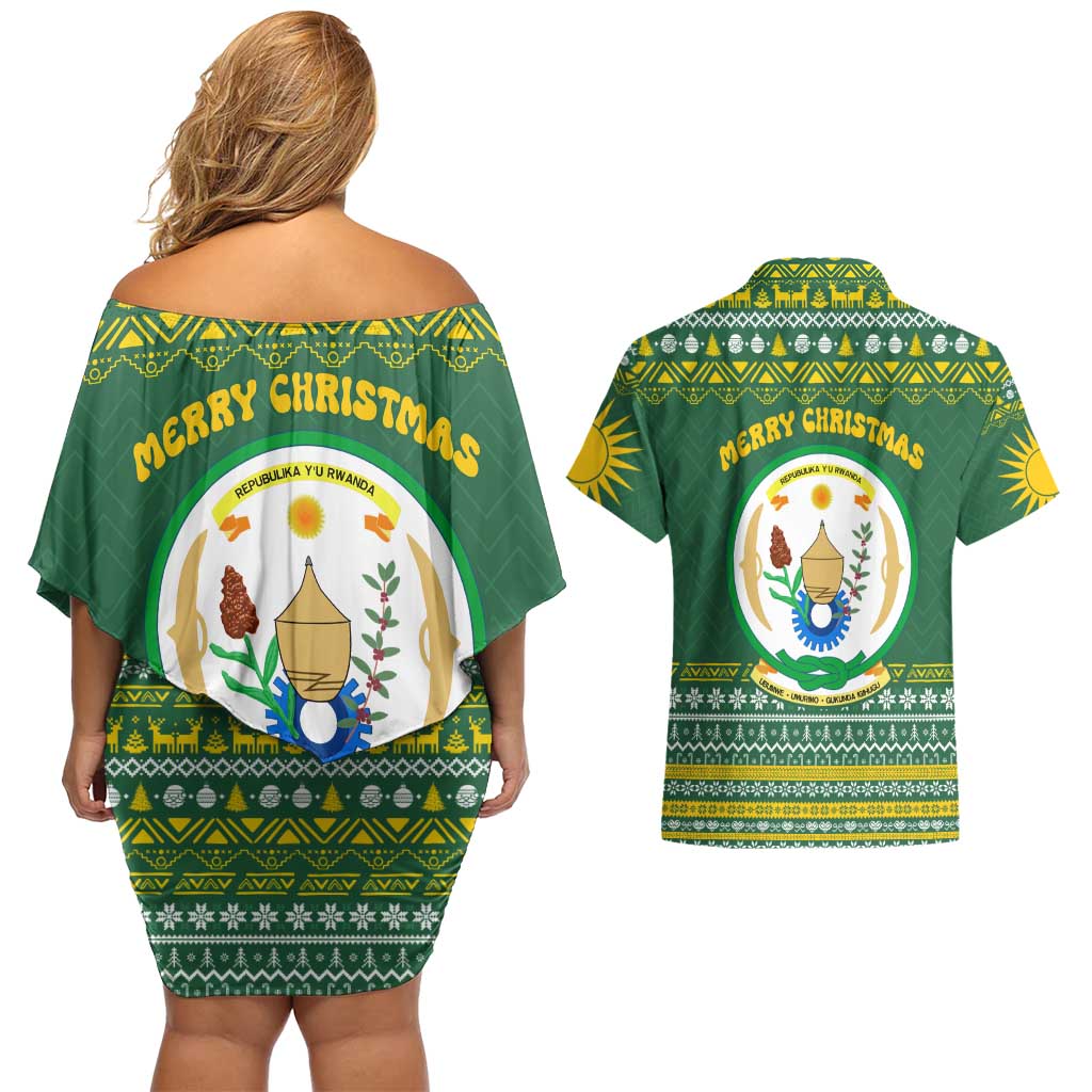 Rwanda Christmas Couples Matching Off Shoulder Short Dress and Hawaiian Shirt with Green-Yellow Pattern, National Emblem, and Radiant Sun Motif - Wonder Print Shop