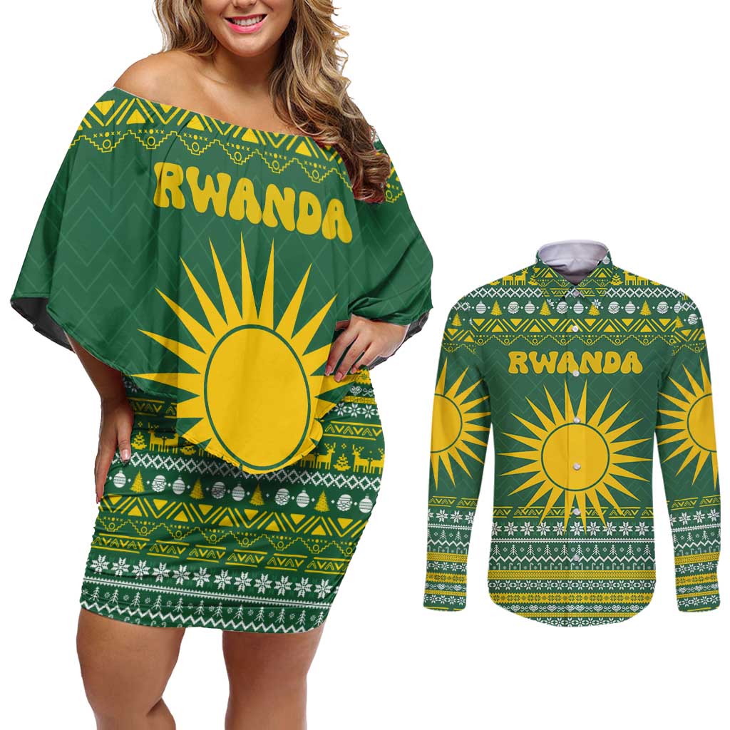 Rwanda Christmas Couples Matching Off Shoulder Short Dress and Long Sleeve Button Shirt with Green-Yellow Pattern, National Emblem, and Radiant Sun Motif - Wonder Print Shop