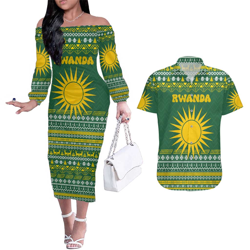 Rwanda Christmas Couples Matching Off The Shoulder Long Sleeve Dress and Hawaiian Shirt with Green-Yellow Pattern, National Emblem, and Radiant Sun Motif - Wonder Print Shop