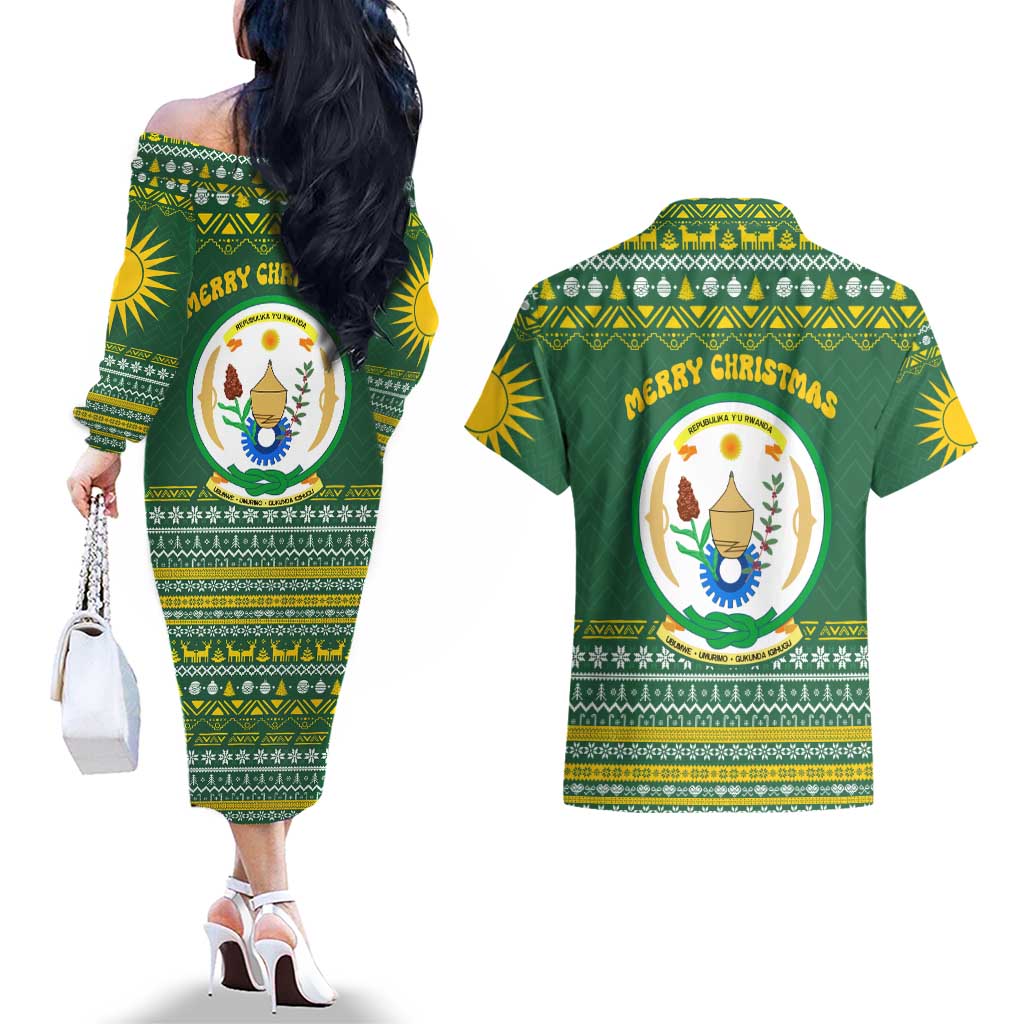 Rwanda Christmas Couples Matching Off The Shoulder Long Sleeve Dress and Hawaiian Shirt with Green-Yellow Pattern, National Emblem, and Radiant Sun Motif - Wonder Print Shop