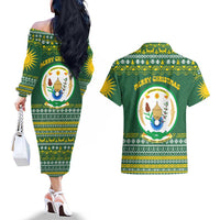 Rwanda Christmas Couples Matching Off The Shoulder Long Sleeve Dress and Hawaiian Shirt with Green-Yellow Pattern, National Emblem, and Radiant Sun Motif - Wonder Print Shop
