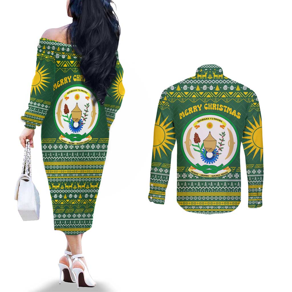 Rwanda Christmas Couples Matching Off The Shoulder Long Sleeve Dress and Long Sleeve Button Shirt with Green-Yellow Pattern, National Emblem, and Radiant Sun Motif - Wonder Print Shop