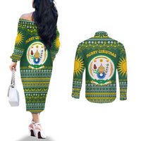Rwanda Christmas Couples Matching Off The Shoulder Long Sleeve Dress and Long Sleeve Button Shirt with Green-Yellow Pattern, National Emblem, and Radiant Sun Motif - Wonder Print Shop