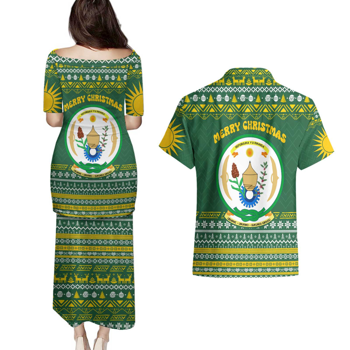 Rwanda Christmas Couples Matching Puletasi and Hawaiian Shirt with Green-Yellow Pattern, National Emblem, and Radiant Sun Motif - Wonder Print Shop