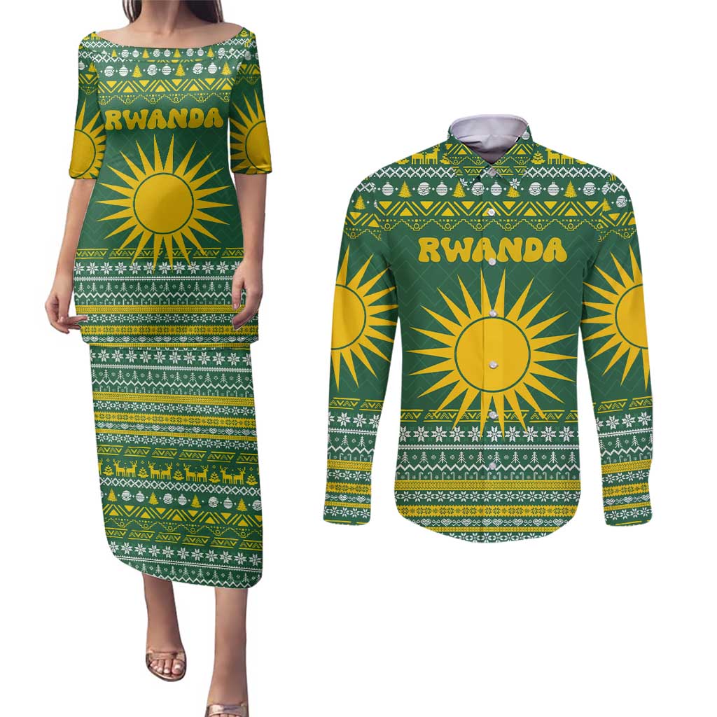 Rwanda Christmas Couples Matching Puletasi and Long Sleeve Button Shirt with Green-Yellow Pattern, National Emblem, and Radiant Sun Motif - Wonder Print Shop