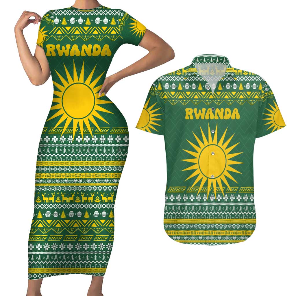 Rwanda Christmas Couples Matching Short Sleeve Bodycon Dress and Hawaiian Shirt with Green-Yellow Pattern, National Emblem, and Radiant Sun Motif - Wonder Print Shop