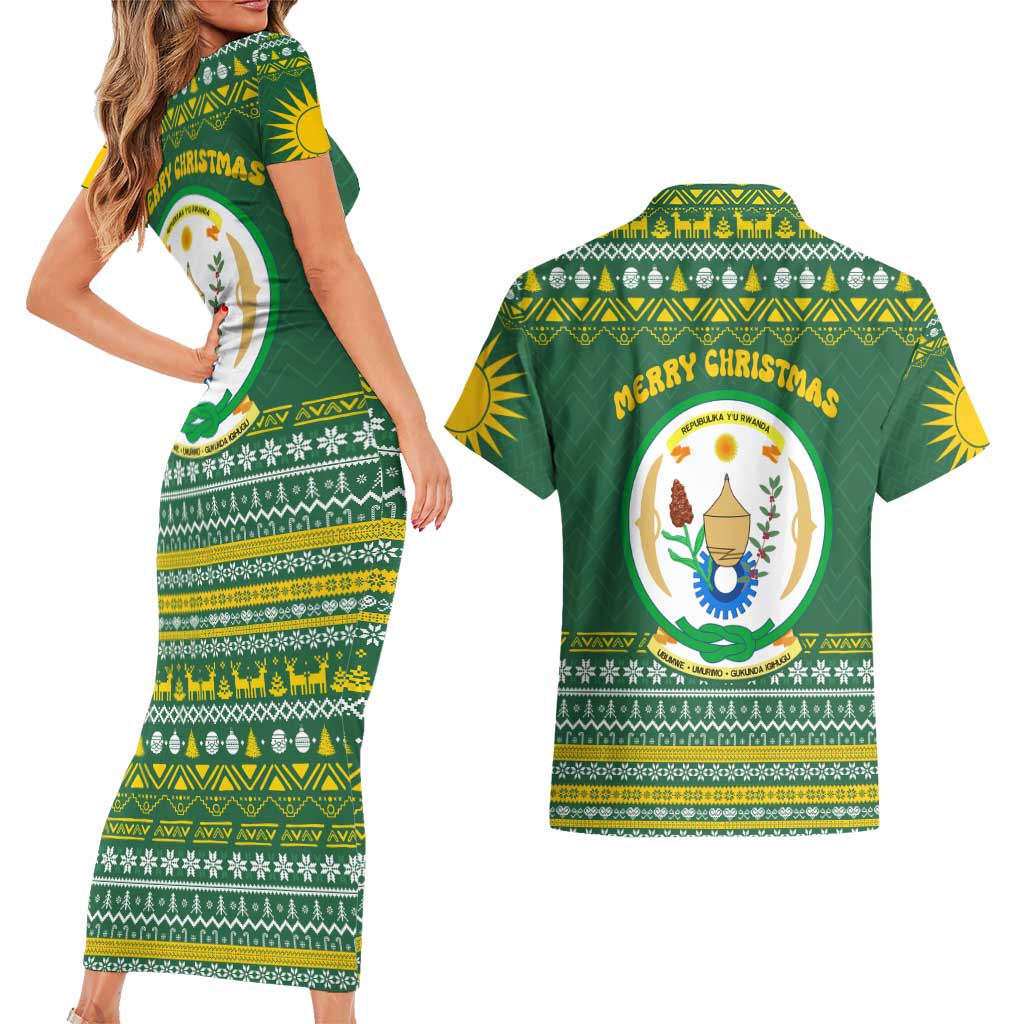Rwanda Christmas Couples Matching Short Sleeve Bodycon Dress and Hawaiian Shirt with Green-Yellow Pattern, National Emblem, and Radiant Sun Motif - Wonder Print Shop