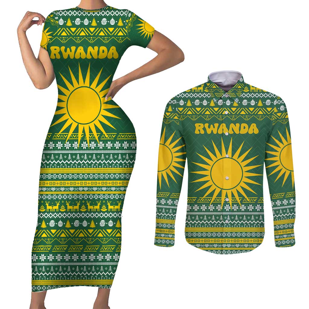 Rwanda Christmas Couples Matching Short Sleeve Bodycon Dress and Long Sleeve Button Shirt with Green-Yellow Pattern, National Emblem, and Radiant Sun Motif - Wonder Print Shop