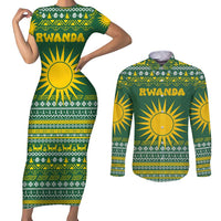 Rwanda Christmas Couples Matching Short Sleeve Bodycon Dress and Long Sleeve Button Shirt with Green-Yellow Pattern, National Emblem, and Radiant Sun Motif - Wonder Print Shop