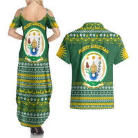 Rwanda Christmas Couples Matching Summer Maxi Dress and Hawaiian Shirt with Green-Yellow Pattern, National Emblem, and Radiant Sun Motif - Wonder Print Shop