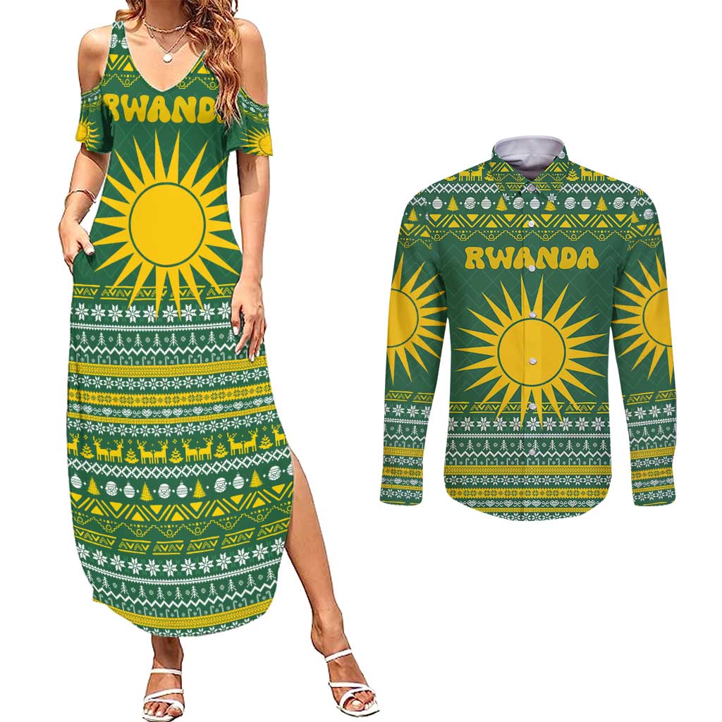 Rwanda Christmas Couples Matching Summer Maxi Dress and Long Sleeve Button Shirt with Green-Yellow Pattern, National Emblem, and Radiant Sun Motif - Wonder Print Shop