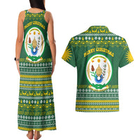Rwanda Christmas Couples Matching Tank Maxi Dress and Hawaiian Shirt with Green-Yellow Pattern, National Emblem, and Radiant Sun Motif - Wonder Print Shop