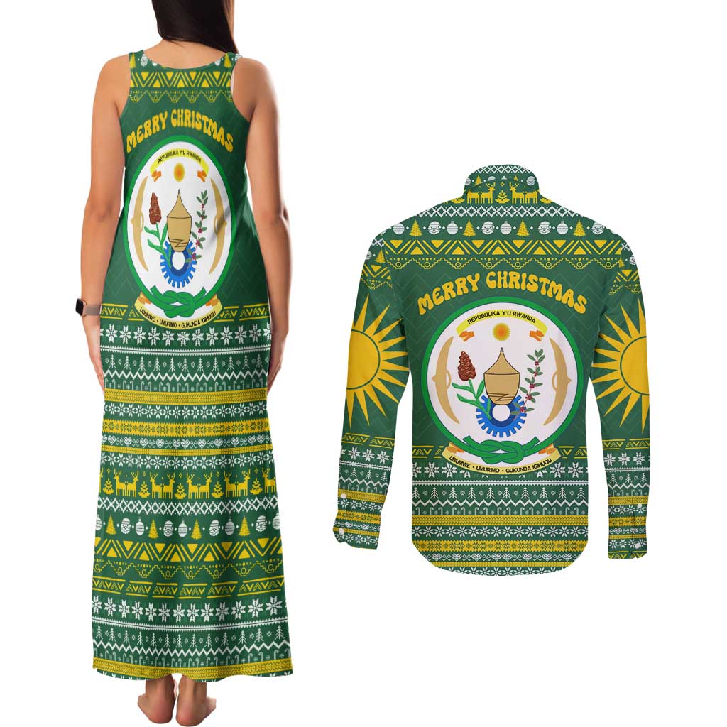 Rwanda Christmas Couples Matching Tank Maxi Dress and Long Sleeve Button Shirt with Green-Yellow Pattern, National Emblem, and Radiant Sun Motif - Wonder Print Shop