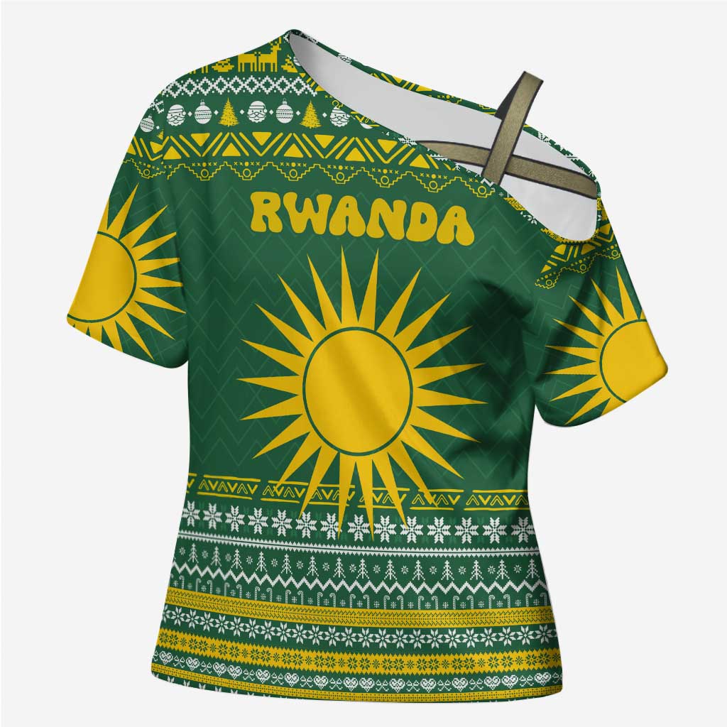 Rwanda Christmas Cross Shoulder Shirt with Green-Yellow Pattern, National Emblem, and Radiant Sun Motif - Wonder Print Shop